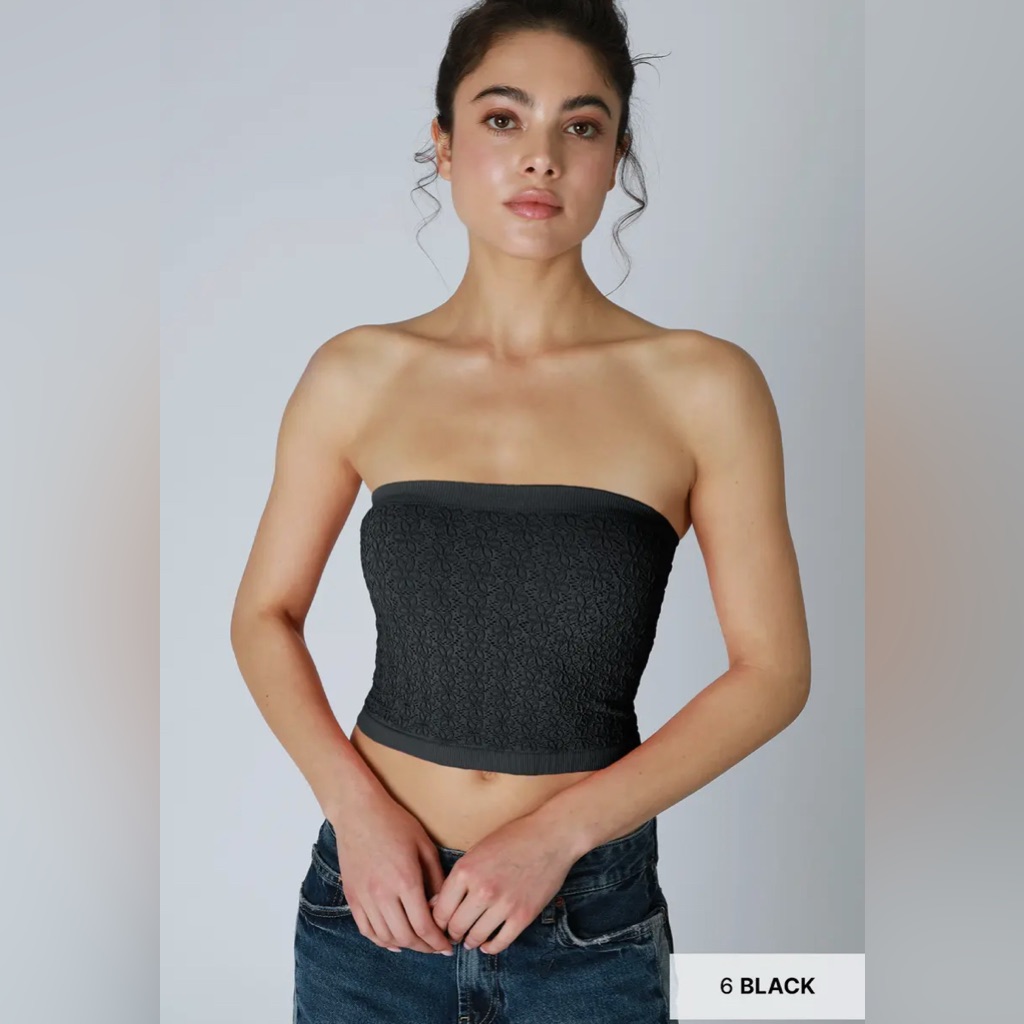 496 Floral Textured Tube Top  Black